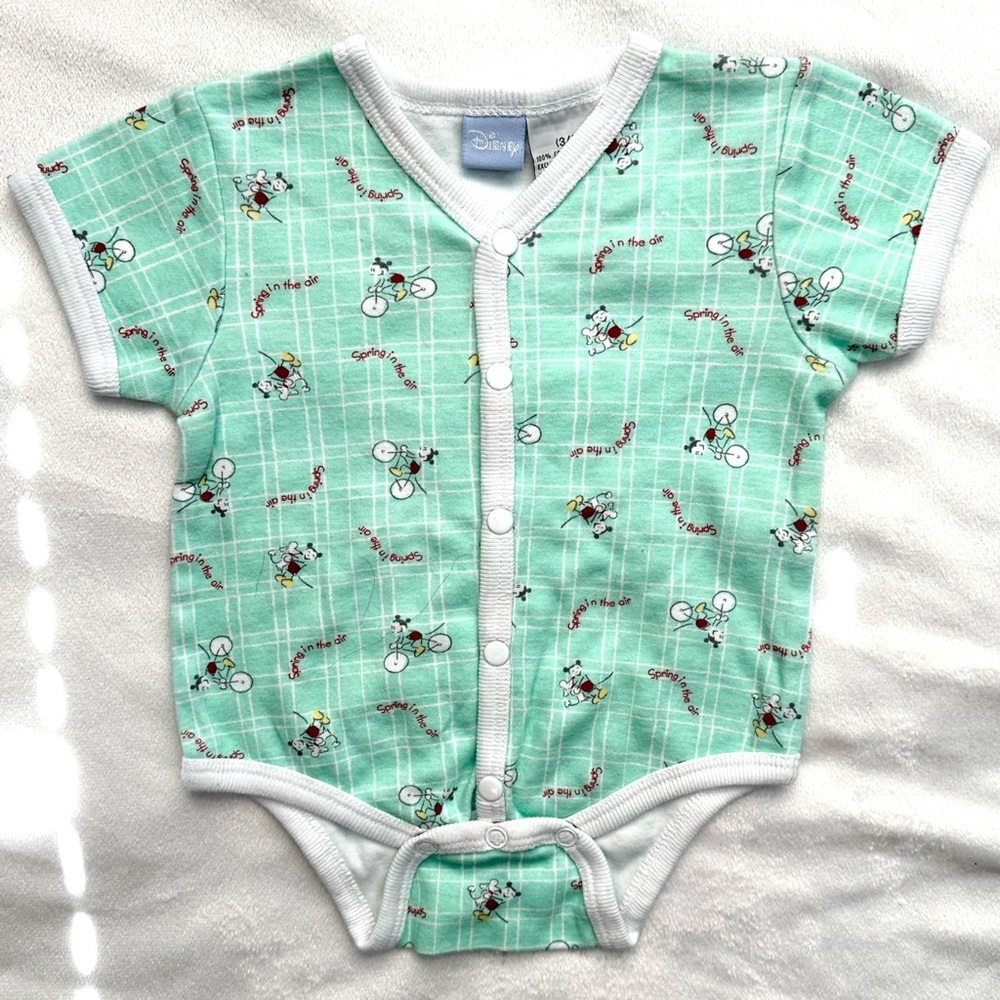 Vintage Disney Bodysuit Mickey Mouse Bicycle Spring In Air Baby 3-6M Mint green
